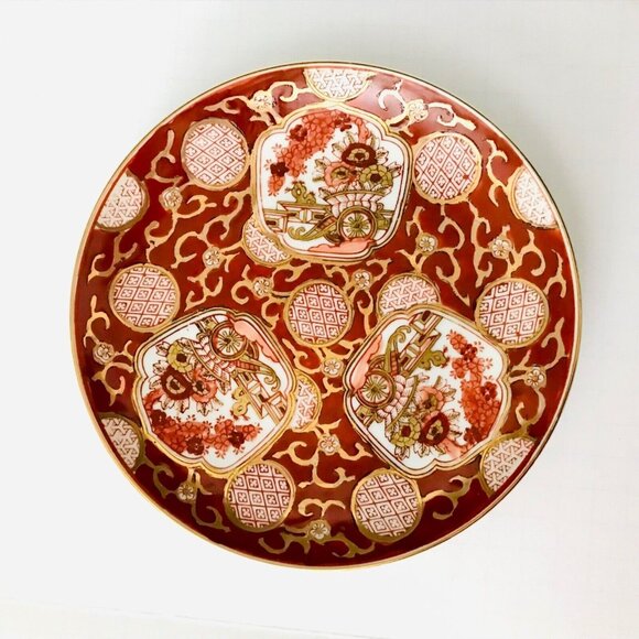 Authentic Gold Imari Japan Porcelain Plate Hand Painted Rickshaw 7.25" Red Gold - Picture 1 of 7